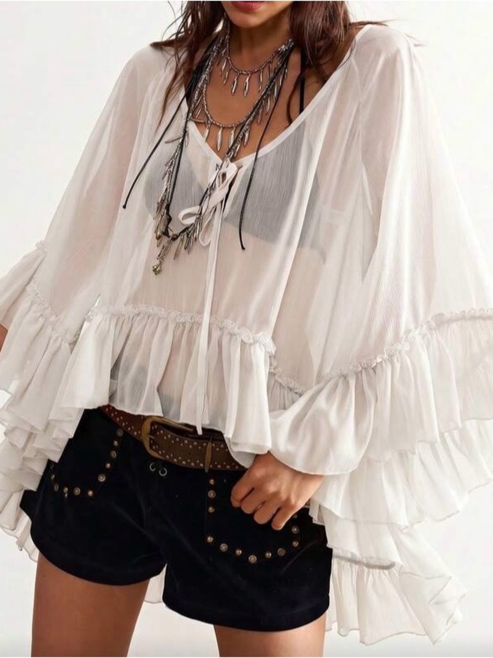 Boho Ruffle Sheer Peasant Top - off white - Picture 6 of 7